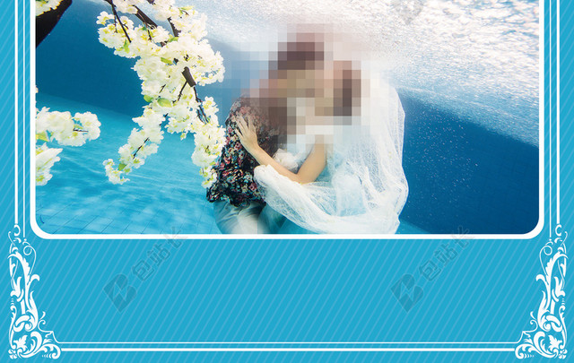 蓝色浪漫边框婚纱摄影宣传单海报背景双面