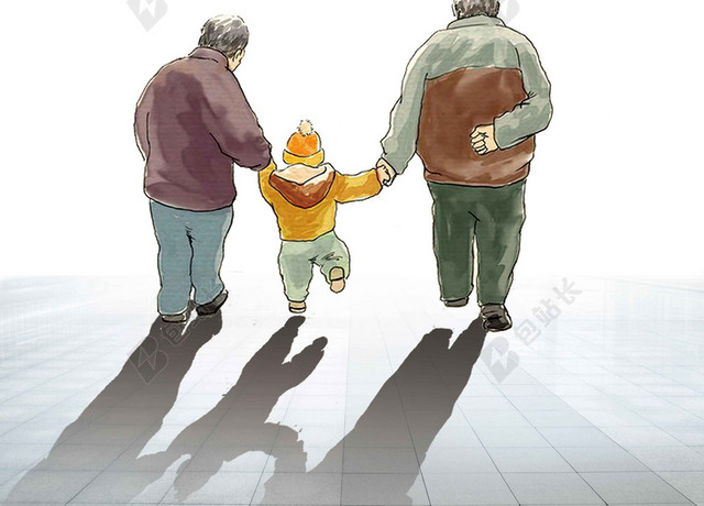 小孩牵手手绘卡通老人生活服务养老院宣传海报背景