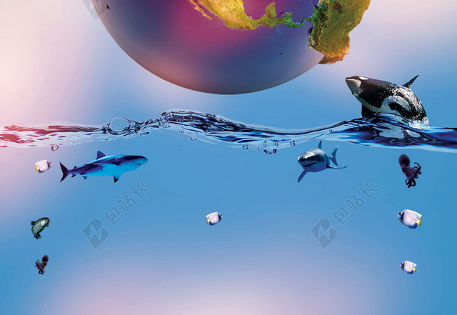 彩色卡通世界地球日4月22日蓝天白云公益海报蓝色背景宣传画