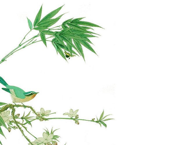 工笔彩色竹叶黄蜂翠鸟白花