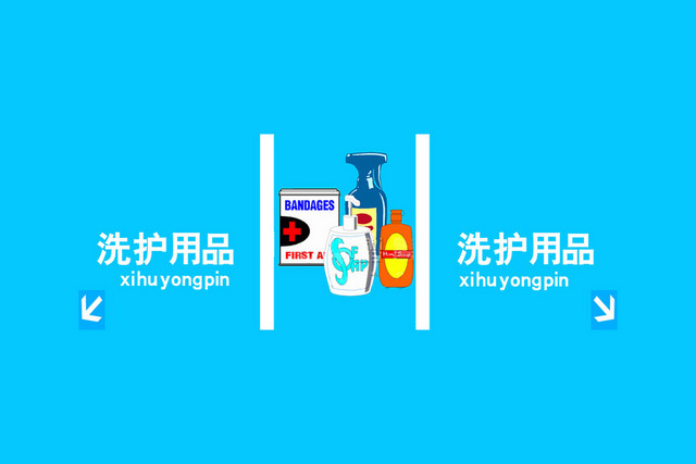 蓝色卡通洗护用品商场指示牌