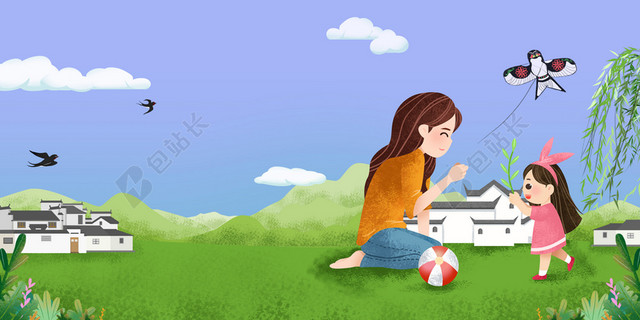 手绘可爱女孩放风筝4月5日清明节节日促销宣传蓝色背景海报