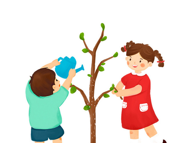 环保低碳生活植树节小孩种树浇灌树苗元素PSD素材
