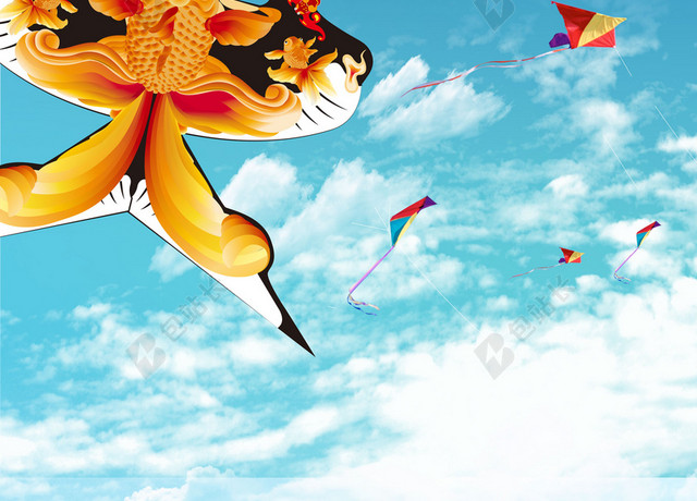 空中飞舞风筝节文化蓝色海报背景