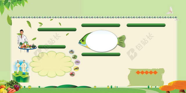 食品安全绿色简约健康海报背景卡通人物宣传栏