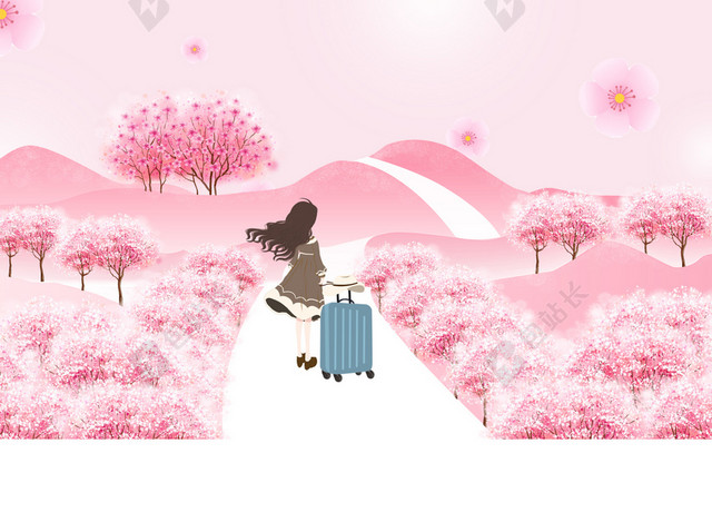 粉色小清新少女十里桃花春游踏青桃花节旅游宣传海报背景