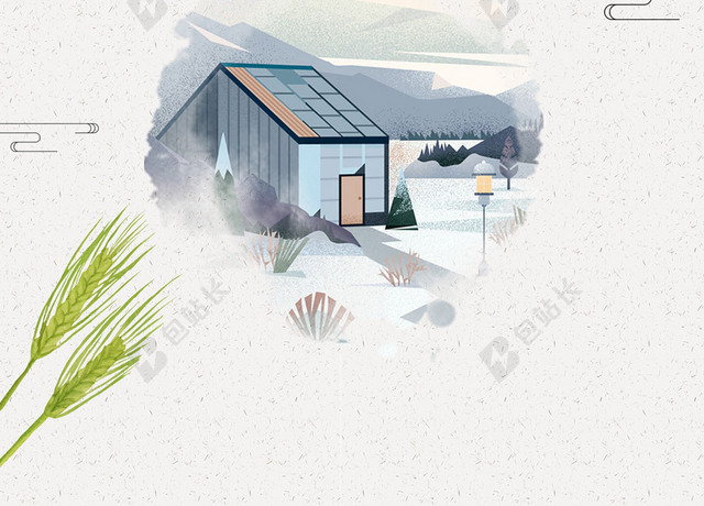 山湖边小屋外燕子小满二十四节气传统白色海报背景