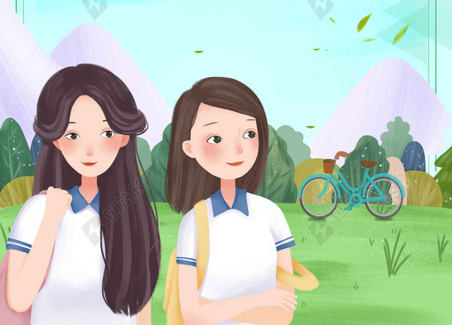 女生卡通绿叶单车五四青年节青春梦想海报背景