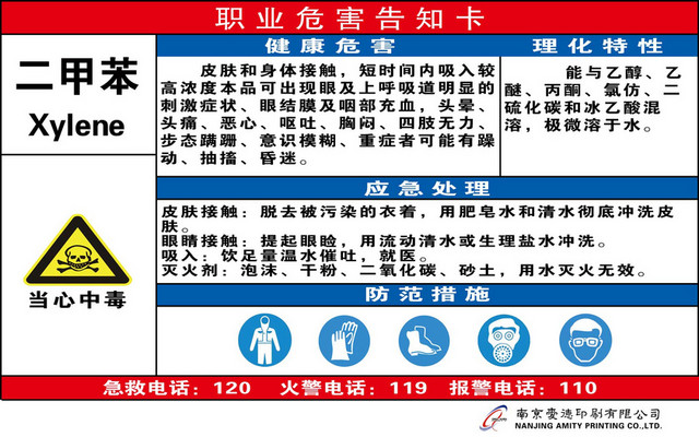 职业危险告知卡二甲苯当心中毒健康危害告知卡