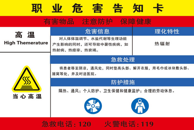 职业危险告知卡高温有害物品注意防护告知卡