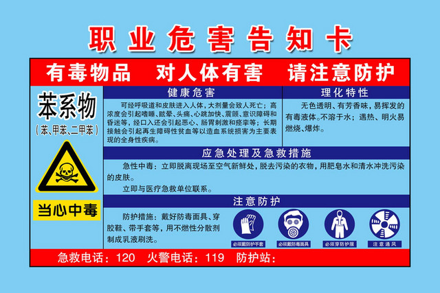 职业危险告知卡苯系物健康危害注意防护告知卡