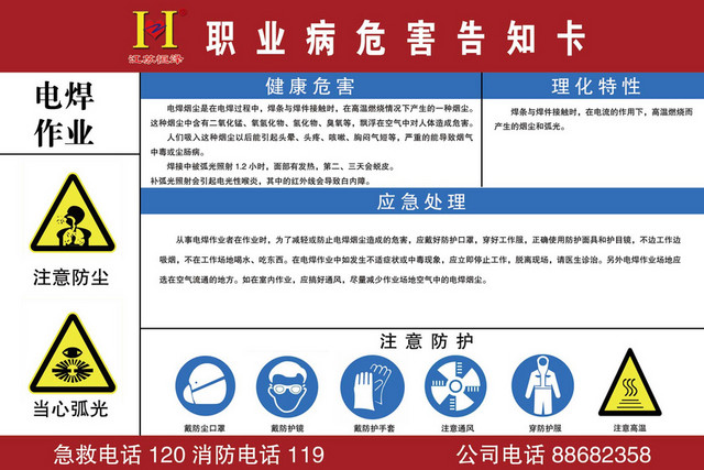 职业危险告知卡电焊作业注意防尘当心弧光告知卡