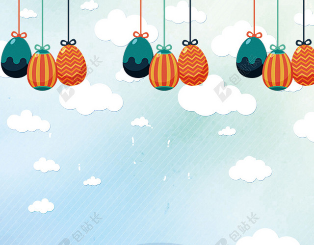手绘白云卡通小兔插画4月16日复活节节日促销海报蓝色背景素材