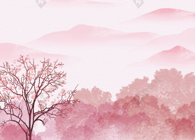 手绘粉色背景桃花插画桃花节旅游宣传海报背景素材