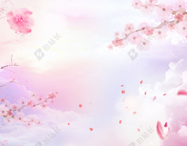 手绘桃花房子插画桃花节宣传海报粉色背景素材
