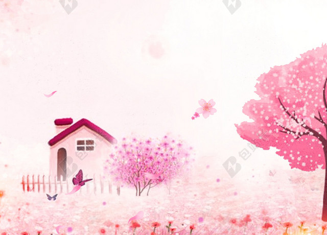 手绘清新插画浪漫粉色背景桃花节旅游宣传海报背景素材