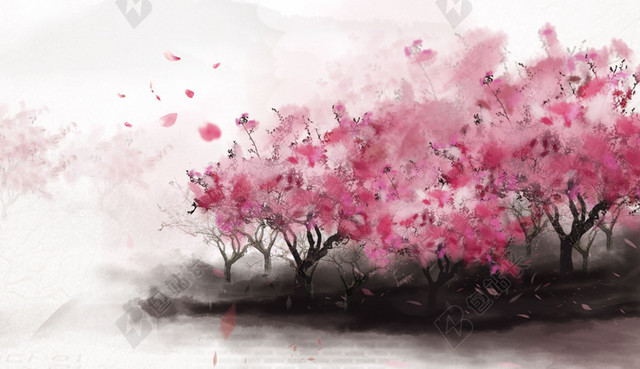 唯美蝴蝶浪漫插画桃花节旅游宣传海报粉色背景素材