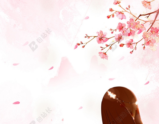 手捧花女孩唯美插画桃花节宣传海报粉色背景素材