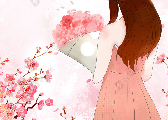 手捧花女孩唯美插画桃花节宣传海报粉色背景素材