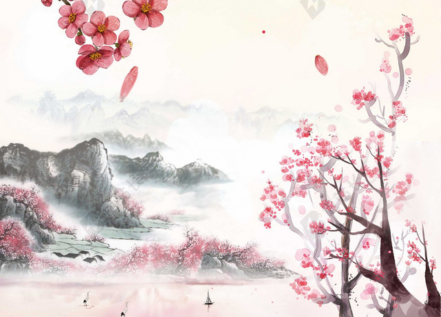 中国风插画浪漫桃花节旅游宣传海报粉色背景素材