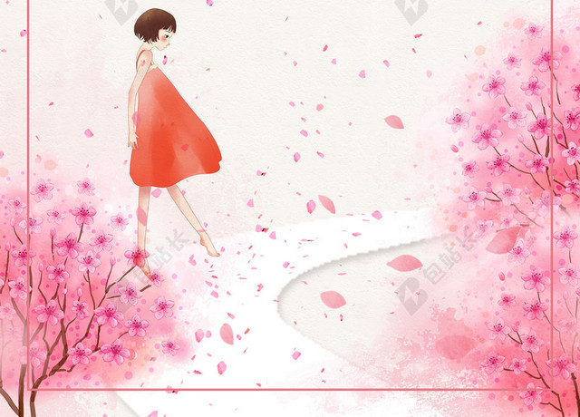 唯美清新女孩插画桃花节宣传海报粉色背景素材