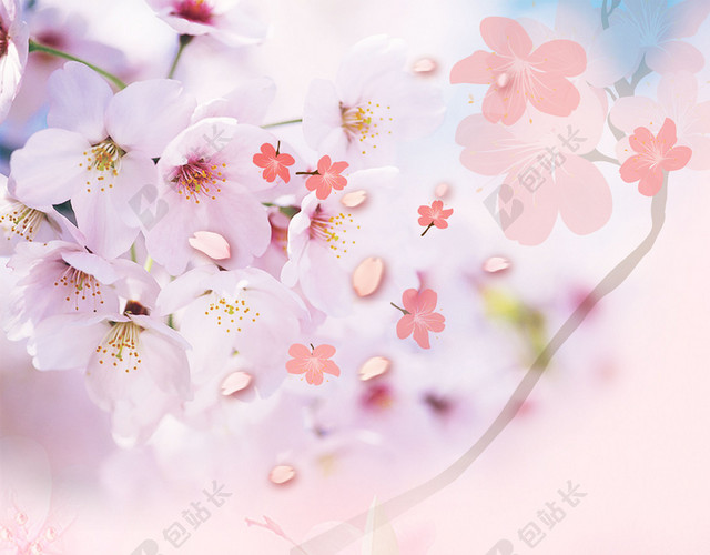手绘插画合成桃花实物桃花节旅游宣传海报粉色背景素材
