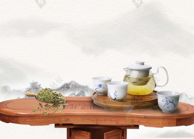 茶桌祥云泡茶春茶茶叶宣传促销白色销海报背景