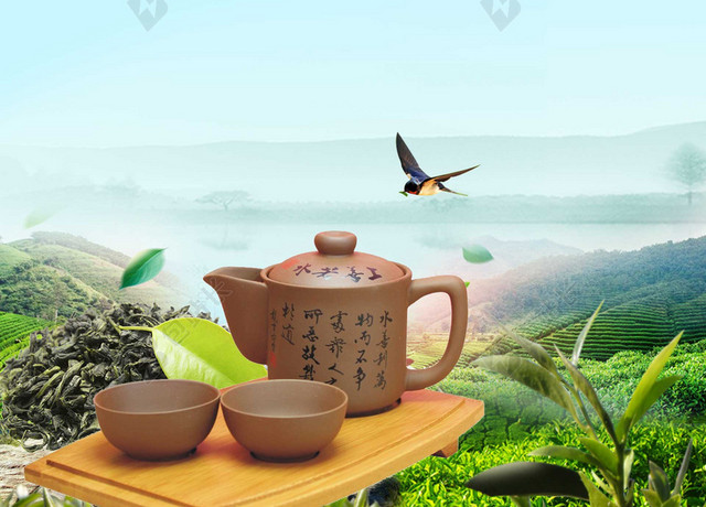 柳树飞燕茶园山坡春茶茶叶宣传促销蓝色销海报背景