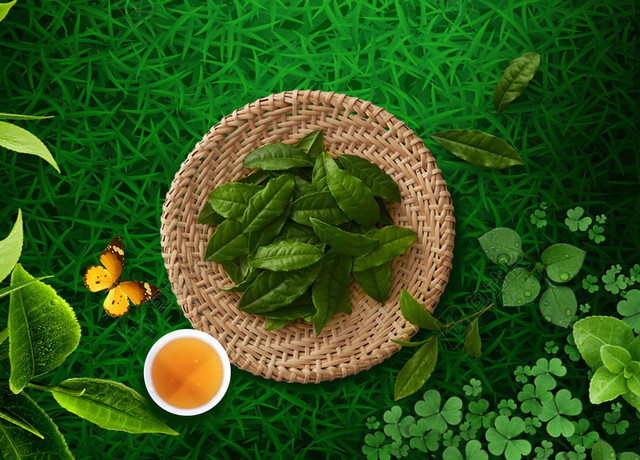 茶篓三叶草蝴蝶春茶茶叶宣传促销绿色销海报背景