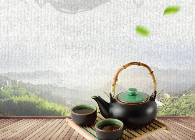水墨底纹茶壶春茶茶叶宣传促销灰色销海报背景