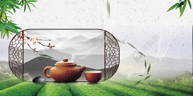中国风窗口紫砂壶春茶茶叶宣传促销绿色销海报背景