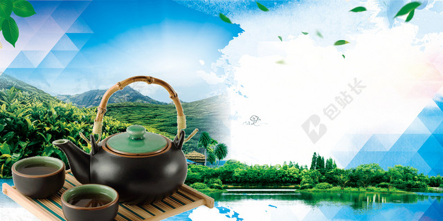 古风茶壶茶山春茶茶叶宣传促销蓝色销海报背景