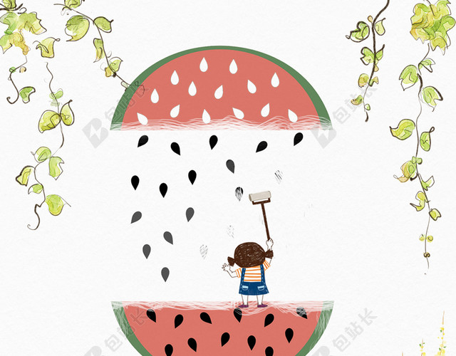 西瓜立夏二十四节气创意卡通画传统节日白色背景海报