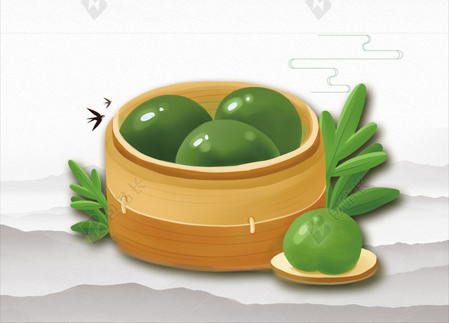 清明寒食节美味青团中国传统节日白色背景海报宣传画