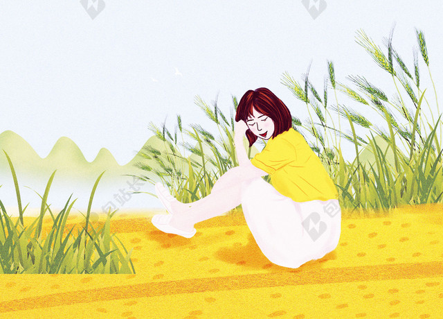 手绘女孩唯美插画二十四节气传统节日小满海报背景素材