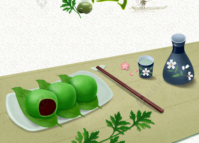 清明甜点食品寒食节艾草青团传统节日白色背景海报宣传画