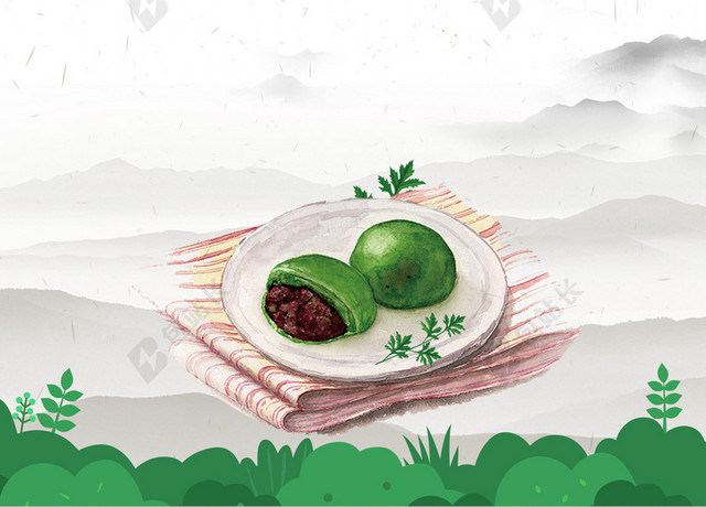 美味甜点清明寒食节青团传统节日白色背景宣传画