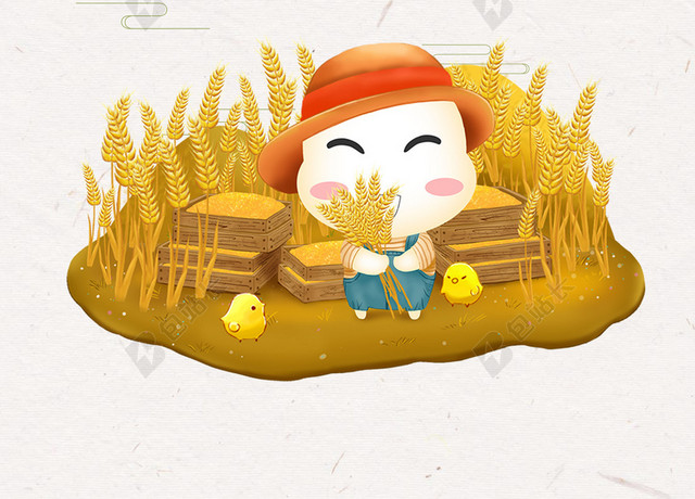 小鸡稻草卡通插画二十四节气传统节日小满海报背景素材