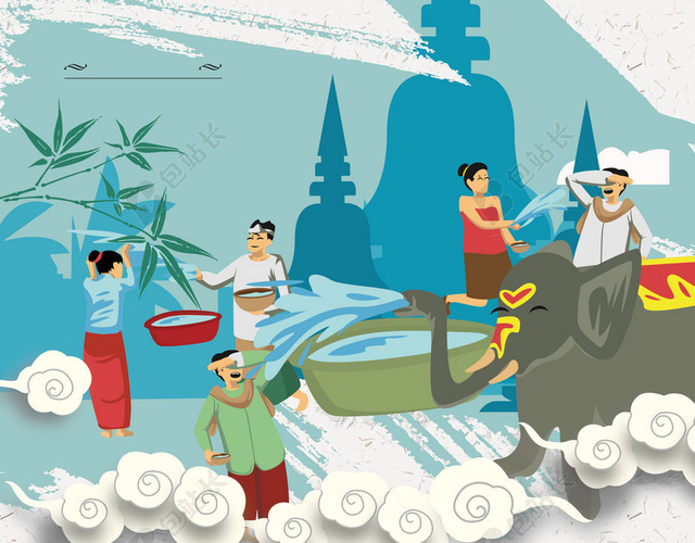 卡通纹理泼水节傣族文化传统民俗旅游宣传海报背景