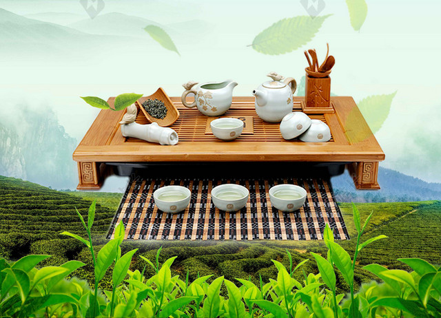 桌子茶具绿茶新茶春茶上市海报背景