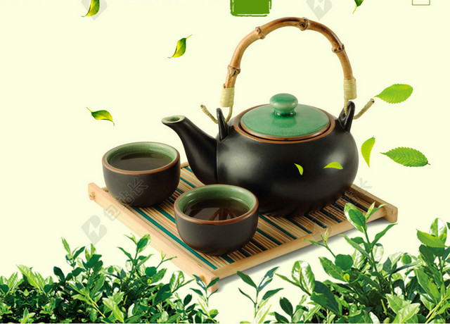 树木茶具绿茶新茶春茶上市海报背景