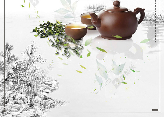风景茶壶茶叶绿茶新茶春茶上市海报背景