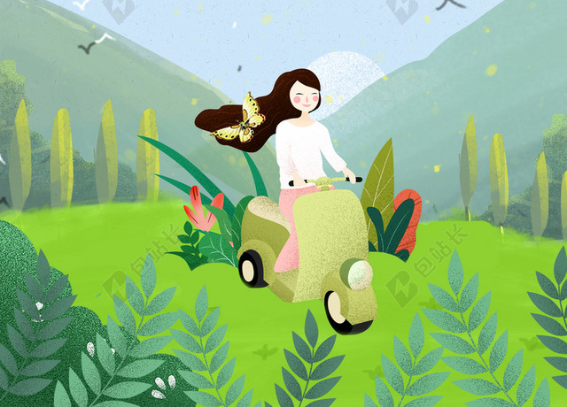 小清新绿色卡通少女立夏二十四节气传统节日宣传海报背景