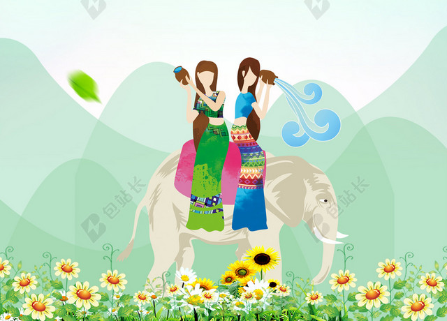泼水节手绘可爱云南少女傣族文化传统民俗绿色背景海报