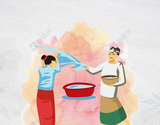 泼水节手绘人物傣族文化传统民俗白色背景海报