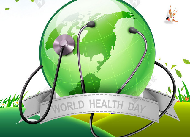 一个绿色地球世界卫生日4月7日环保公益听诊器蓝色背景海报