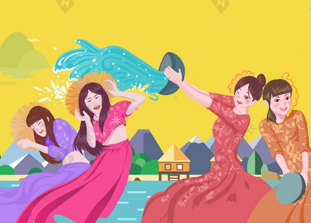 泼水节傣族文化手绘云南少女传统民俗黄色背景海报