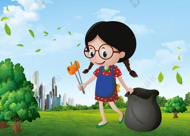 世界卫生日4月7日环保手绘可爱女孩捡垃圾蓝色背景海报