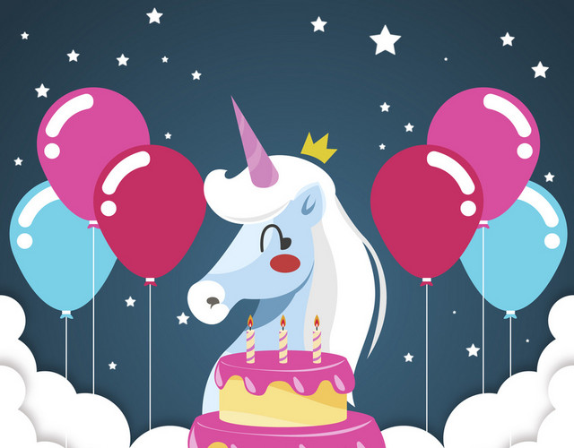 独角兽生日派对彩带气球蛋糕庆祝蜡烛矢量图