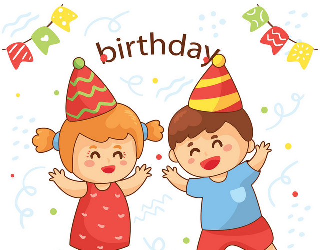 男孩女孩生日派对彩带气球庆祝蜡烛国庆节矢量图
